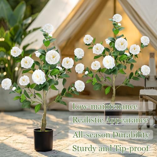 2 Pack 3FT Artificial Camellia Trees with White Flower for Outdoor - Image 4