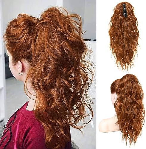 Flufymooz Ponytail Extension - 18 Inch Wavy Curly Claw Clip in Ponytail Hair Extensions, Natural Fake Synthetic Hairpiece for Women (Dark Cooper Red) by Flufymooz