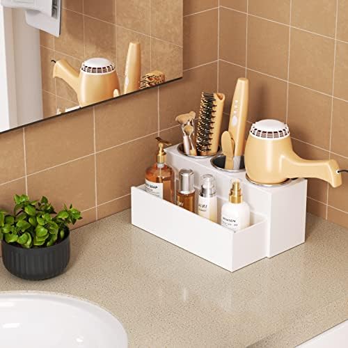 HIIMIEI Hair Tool Organizer, Acrylic Hair Dryer Holder, Bathroom Countertop Blow Dryer Stand Storage, Vanity Organizer for Accessories, Makeup, Flat Irons, Curling Irons, and Toiletries (White) - Image 2