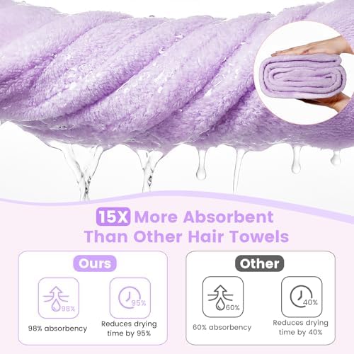 2 Pack Microfiber Hair Towel Wrap for Women, Large Fast Drying Hair Towel Turban, Ultra Thick Anti-Frizz, Double Stitched Edges & Stay in Place No Slip Design for Curly Long Wet Hair(Purple /Lavender) - Image 5