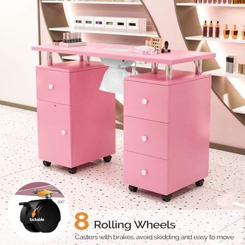 OmySalon Manicure Table Nail Desk for Nail Tech, Nail Table Station w/Electric Dust Collector, Nail Makeup Beauty Salon Storage Acetone Resistant w/Lockable Wheels,Wrist Cushion,4 Drawers&Cabinet - Image 3