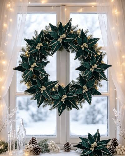 Kimura's Cabin 6Pcs 11Inch Artificial Poinsettia Christmas Flower Set,Green - Image 4