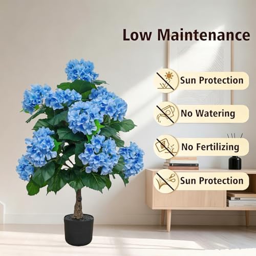 THKFUL Hydrangea Artificial Trees Potted for Outdoor Indoor,3FT Realistic Faux Hydrangea Plants in Pot Silk Flowers Tree,UV Resistant Fake Tree Bushes Topiary for Garden Office Home Porch Front - Image 2