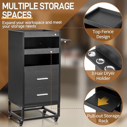 Winado Beauty Salon Trolley Cart with 2 Drawers, 3 Tool Holders, Black - Image 4