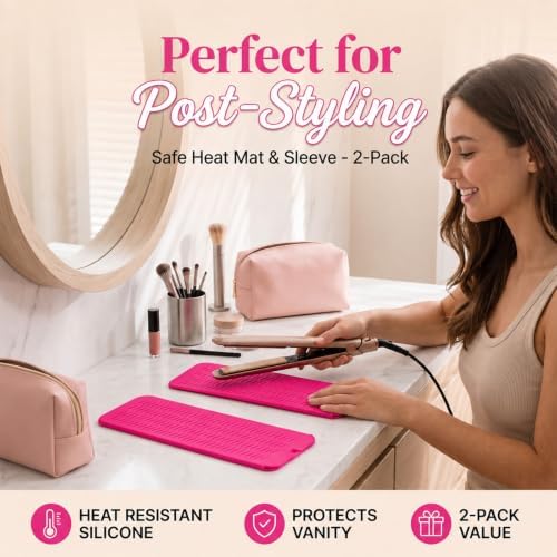 2 Pcs Heat Resistant Mat for Curling Iron Straightener, Silicone Hair Tool Pouch Bag for Hairstylist, Portable Hot Tools Travel Accessories Essentials Storage Pad for Women - Pink - Image 5