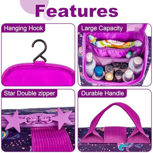 Remobia Hicol Cute Cartoon Hanging Kids Toiletry Bag Children Travel Cosmetic Makeup Organizer Wash Bag Shower bag Over Night Bag Camping Shaving Kit Bag for Boys & Girls(Unicorn) - Image 4