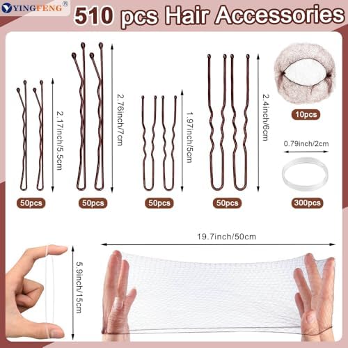 510PCS Brown Bobby Pins Hair Pins Kit with Hair Net, YINGFENG Includes 100 Bobby Pins for Women, 100 U-Shaped Buns Hair Clips, 300 Hair Bands and 10 Brown Hair Nets, Dance competition must haves - Image 3