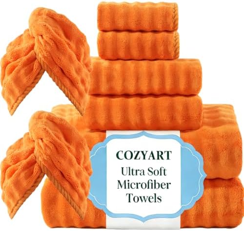 COZYART Lint Free 8 Pcs Bathroom Towels Set Ultra Soft Microfiber Orange by COZYART
