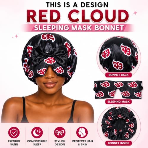 Red Cloud Satin Sleeping Mask Bonnet, Anime-Inspired Sleep Cap with Attached Eye Mask, Soft Silky Hair Cover for Women and Men - Image 2