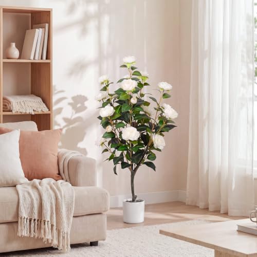 2 Pack 34'' Artificial Camellia Tree with 20 White Flowers - Image 2