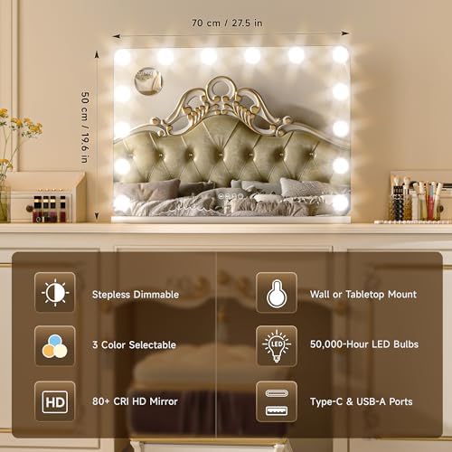 ouboyo 28" x20” Hollywood Vanity Mirror with Lights & Bluetooth Speaker - 14 LED Bulbs, 3 Color Modes, Touch Control, USB/Type-C Charging, 5X Magnification - Image 4