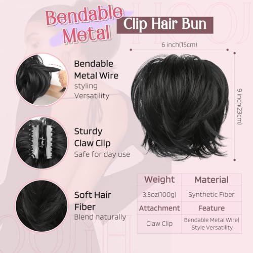 HOOJIH Messy Bun Hair Piece, Claw Clip in Straight Hair Bun 9 Inch Short Ponytail Extension with Bendable Metal Wire Hair Pieces for Women Fake Hair Bun DIY Styles - Black - Image 2