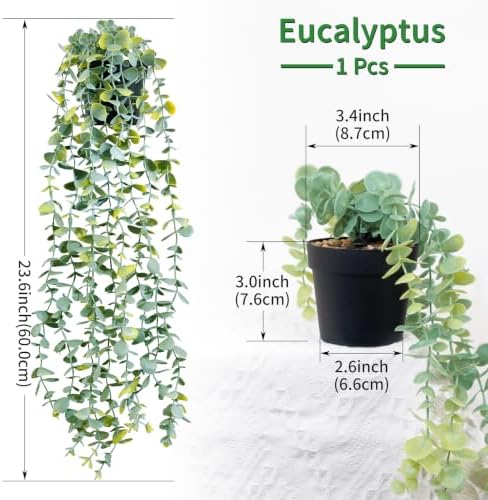 LOYWREE Fake Hanging Eucalyptus Plants Small Potted Long Vine Plants Indoor for Vintage Boho Farmhouse Bathroom Office Desk Wall Shelf Room Aesthetic Decor (Black Pot) - Image 2