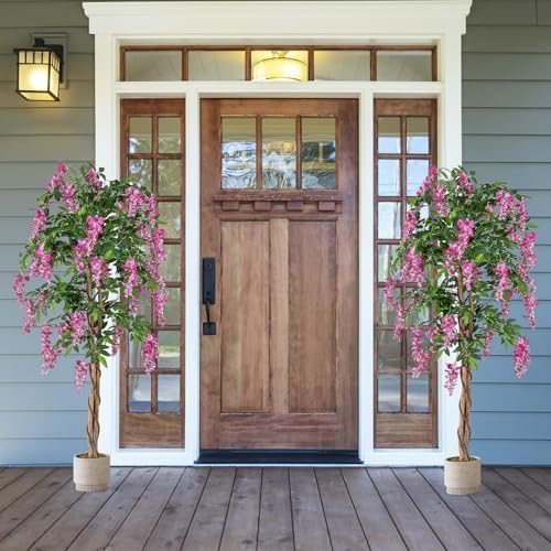 Goplus 5.5FT Ficus Artificial Tree, 2 Pack Faux Wisteria Tree in Nursery Pot with Blooming Flowers, Fake Potted Tree Greenery Floor Plant for Indoor Home Office Porch Living Room Decor - Image 2