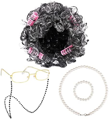URATOT 5 Pieces Halloween Old Lady Wig Costume Set Grandma Wig Hair Rollers Glasses Chain Necklace Bracelet by URATOT