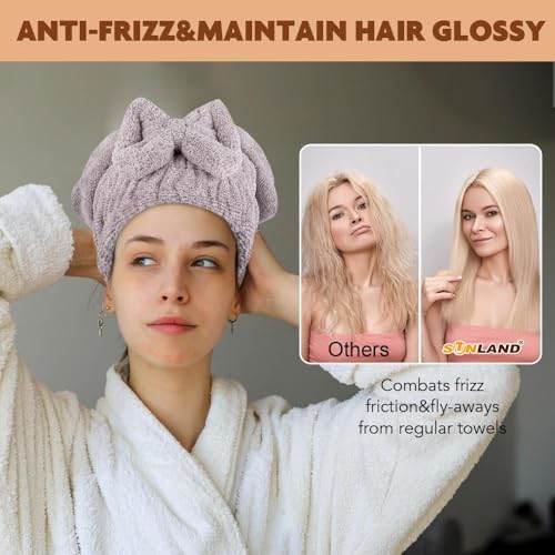 SUNLAND Large Microfiber Hair Drying Caps with Bow Knot 2 Pack Purple - Image 4