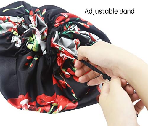 SENGTERM Women Adjustable Satin Bonnet Silky Sleep Cap Hair Bonnet Double Layered Reversible for Curly,Natural, Hair (XL-ADULT, XL Black Flower) - Image 3