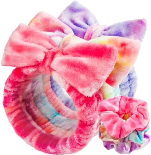 LEOBRO 3pcs Spa Headbands, and 3pcs Hair Srunchies, Hot Pink/Rainbow/Violet by LEOBRO