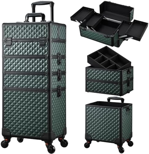 Stagiant Rolling Makeup Train Case Cosmetology Case on Wheels 4 in 1 Cosmetic Box Makeup Travel Case with Key Swivel Wheels Nail Artist Salon Barber StorageTraveling Cart Trunk Dark Green by Stagiant
