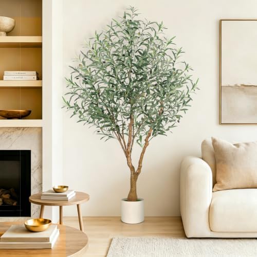 Olive Trees Artificial Indoor, 6FT Faux Olive Tree with White Tall Planter, Full Lush Artificial Plants with Large Olive Branches and Lifelike Fruits for Home Office Decor - Image 2