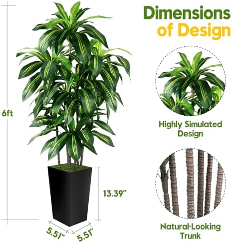 Artificial Dracaena Tree Indoor, 6FT Tall Fake Tree with Black Tall Planter - Image 4