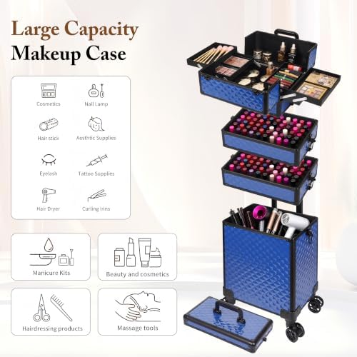 5 in 1 Rolling Makeup Train Case Professional Cosmetic Trolley Large Storage Organizer on Wheels for Hairstylist Artist Nail Beauty Salon Barber Blue - Image 3