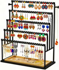 Earring Holder Organizer, 5-Tier Jewelry Display Stand with Matte Black Metal Frame and Wooden Tray, Large Earring Holder for Studs, Hoops, Dangles, Modern Jewelry Organizer for Women by TIPSYTREE