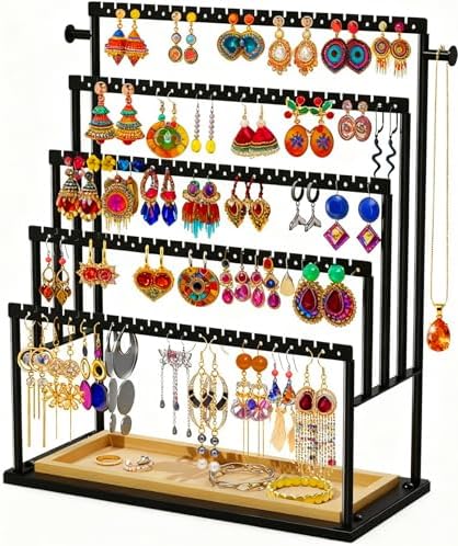 Earring Holder Organizer, 5-Tier Jewelry Display Stand with Matte Black Metal Frame and Wooden Tray, Large Earring Holder for Studs, Hoops, Dangles, Modern Jewelry Organizer for Women by TIPSYTREE
