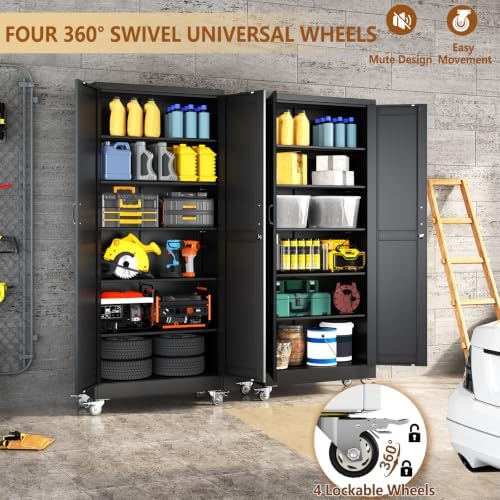 75" Metal Garage Storage Locker Cabinet with Wheels,Rolling Black Lockable Tool Cabinet with 2 Doors and 5 Adjustable Shelves, Steel Office File Cabinet for Home Office Warehouse Gym - Image 6