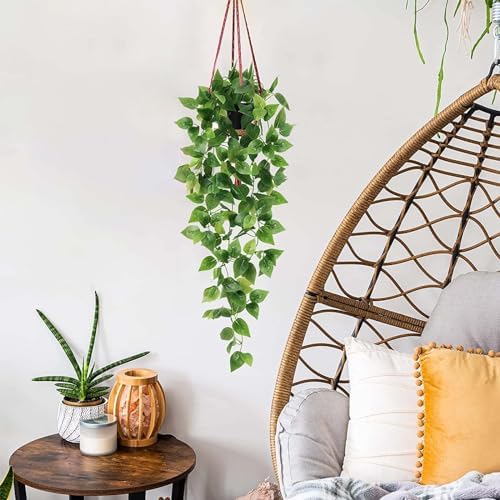 BLEUM CADE 1pcs Fake Hanging Plants Kit with Pot and Plant Hanger, Artificial Pothos Vines Hanging Potted Plant Greenery for Home Living Room Indoor Outdoor Decor - Image 6