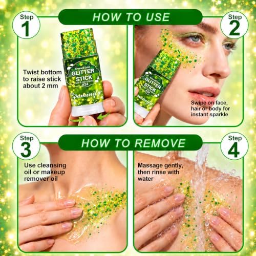 Green Gold Hair Face Glitter Stick,Waterproof Green Body Glitter Stick,Gold Spirit Day Accessories for Sport Game Day,Halloween Cosplay Festival Rave Concert Carnival Party Makeup - Image 5