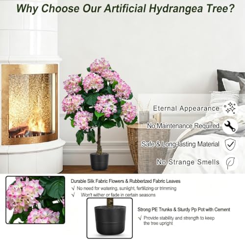 THKFUL 3FT Artificial Hydrangea Flower Tree with Natural Wood Trunk, Faux Pink White Floral Topiary Tree Potted for Indoor Home, Living Room, Wedding, Party Event Decor - Image 3