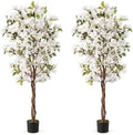 Goplus 6 FT Bougainvillea Artificial Tree, 2 Pack Faux Flower Tree in Pot with 910 Flowers, 105 Leaves, Real Wood Trunk, Tall Fake Floor Plant for Indoor Bedroom Living Room Decor, White by Goplus
