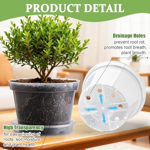 10 Pack 10 Inch Clear Nursery Pots with Saucers, Transparent Sturdy Plastic Plant Pots, Large Gardening Pots with Drainage Hole, Planting Starter Pot for Indoor Outdoor Flowers Herbs Vegetables - Image 3