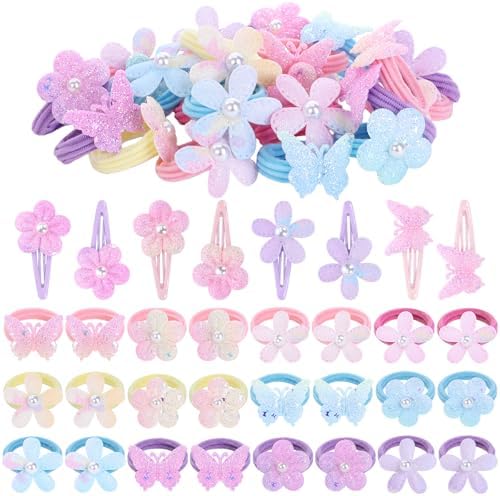 32 Pcs Toddler Sparkly Hair Ties Hair Clips for Girls Baby Hair Bows Flower Elastics Baby Hair Ties Ponytail Colorful Bow Hair Clip Cute Flower Scrunchies Hair Accessories by Santoddle