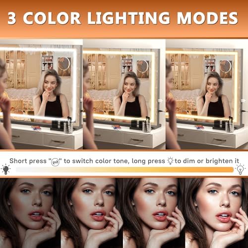 Hasipu Vanity Mirror with Lights, 32" x 24" LED Makeup Mirror, Lighted Makeup Mirror with Dimmable 3 Modes, Touch Screen Control Vanity Mirror Square Black - Image 3