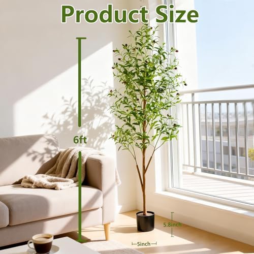 6FT Artificial Olive Tree Indoor, Tall Faux Olive Tree with Pot&Basket, Large Fake Olive Tree with Realistic 1080 Silk Leaves and 60 Fruits for Living Room Home Office Decor. - Image 5
