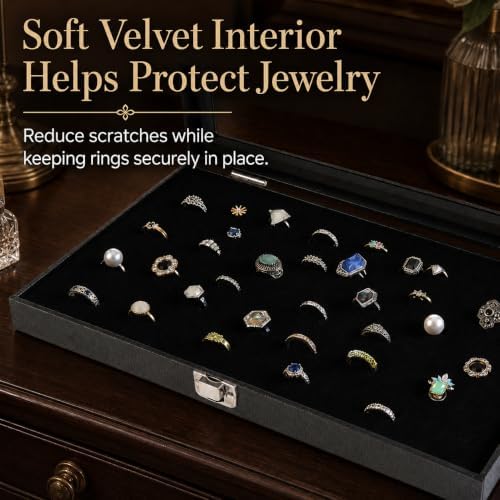 Huji Glass Top Ring Display Showcase With Velvet Insert Liner Jewelry Organizer (1, 72 Slot Case) - Image 4