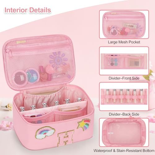OCHEAL Initial Makeup Bag,Pink Travel Makeup Organizer Case Beauty Toiletry Cosmetic Bag with Rainbow, Trendy Stuff Personalized Gifts for Women and Girls-H - Image 3