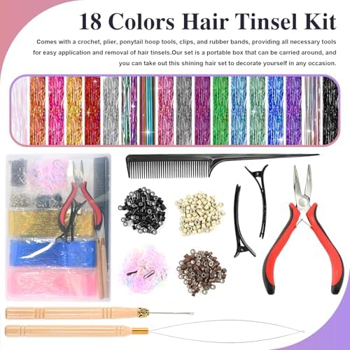 Leuceiy 18 Color 48" Hair Tinsel Kit, 5400 Strands Heat Resistant with Tool - Image 2