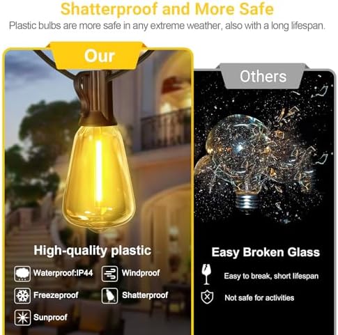 LAMPHOME 2-Pack 26Ft ST38 Outdoor String Lights, Warm Yellow Edison LED Patio Light with 12+1 Shatterproof Bulbs, Waterproof for Bistro Christmas Party Garden Decor - Image 4