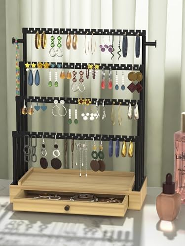 Earring Holder Organizer, 4-Tier Metal Jewelry Display Stand with Wooden Drawer, Large Earring Organizer for Studs, Hoops, and Dangles, Modern Earring Storage Rack for Vanity or Dresser - Image 3