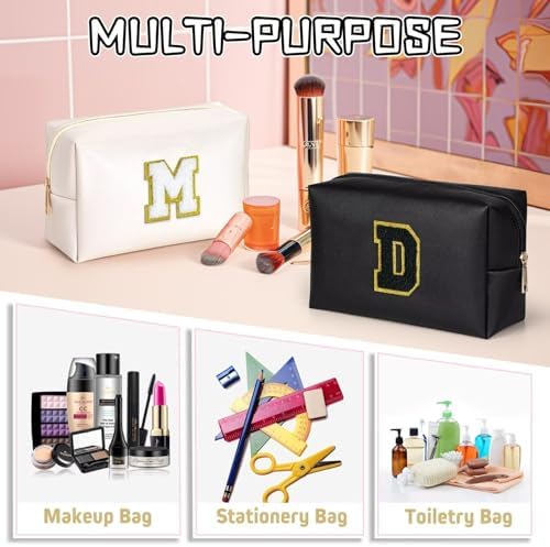 TOPEAST Personalized Makeup Bag, Chenille Letter Pouch Cosmetic Bag w Zipper, PU Leather Waterproof Toiletry Bag, Bridal Shower Gifts for Bridesmaids, Cute Stuff for Girls (Black P) - Image 5