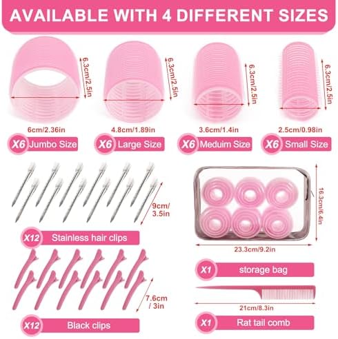 4 Sizes Hair Rollers Set with Clips - 50 Pcs Hair Curlers Rollers for Women, Self Grip Holding Hair Roller for Hair Long Medium Short Bangs Thick Fine Volume Thin, Pink - Image 2
