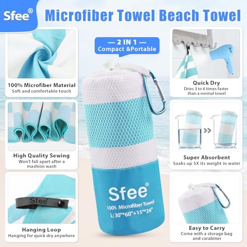 Sfee 2 in 1 Microfiber Beach Towel, Quick Dry Towel Camping Towel Travel Towel Super Absorbent Compact Lightweight Sports Gym Towels Set for Beach, Gym, Hiking, Pool, Backpacking, Bath, Yoga - Image 2