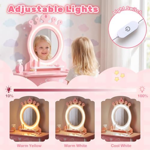 Costzon Kids Hair Salon Play Set with LED Lighted Mirror, Wooden Pretend Hair Salon Station w/Swivel Barber Chair & Rolling Cart, 10 Accessories Included, Makeup Vanity Set for 3-7 Years Old Children - Image 2