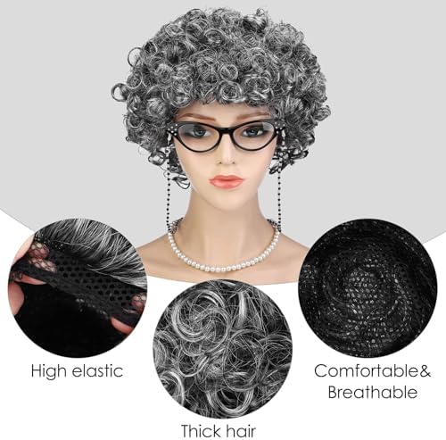 AOTHSO 6 Pieces Old Lady Wig Costume Set Grandma Wig with Cap Cane Pearl Necklace Bracelet for 100 Days of School Halloween - Image 3