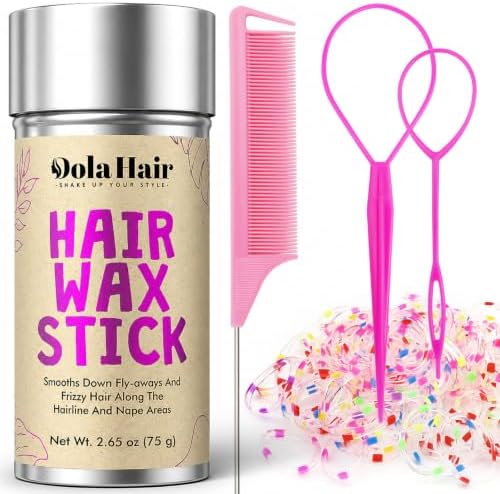 Dolahair Hair Wax Stick & Accessories - Flyaway Control for Kids & Women, 50 Pcs Colorful Elastic Hair Bands, 1 Pcs Slick Back Hair Brush, 2 Hair Loop Styling Tools (Pink) by Dolahair