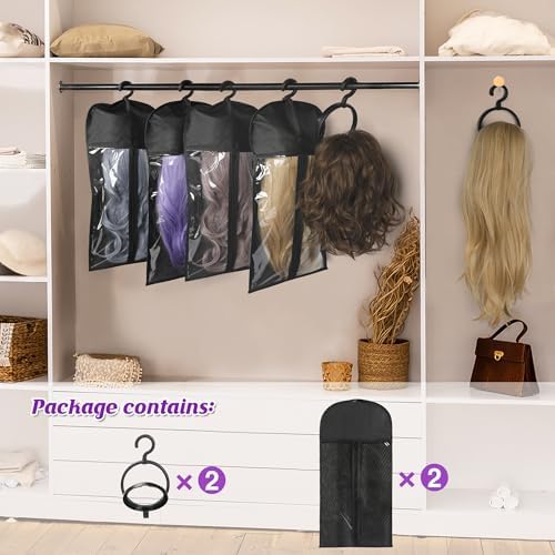 KOLLIEE 2 Pcs Wig Bags Storage with Wig Hanger Dust-proof for Multiple Wigs Hanging Storage Bags Organizer Foldable Easy Carry Suitable for Home Travel Hair Salon Black - Image 2