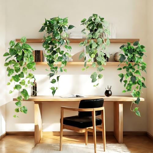 Fake Hanging Plants with Pots, 4PC Artificial Pothos Plant for Indoor Outdoor, Faux Ivy Vines Greenery, 33" Realistic Silk Plants for Wall Home Living Room Office Decor, Green - Image 5